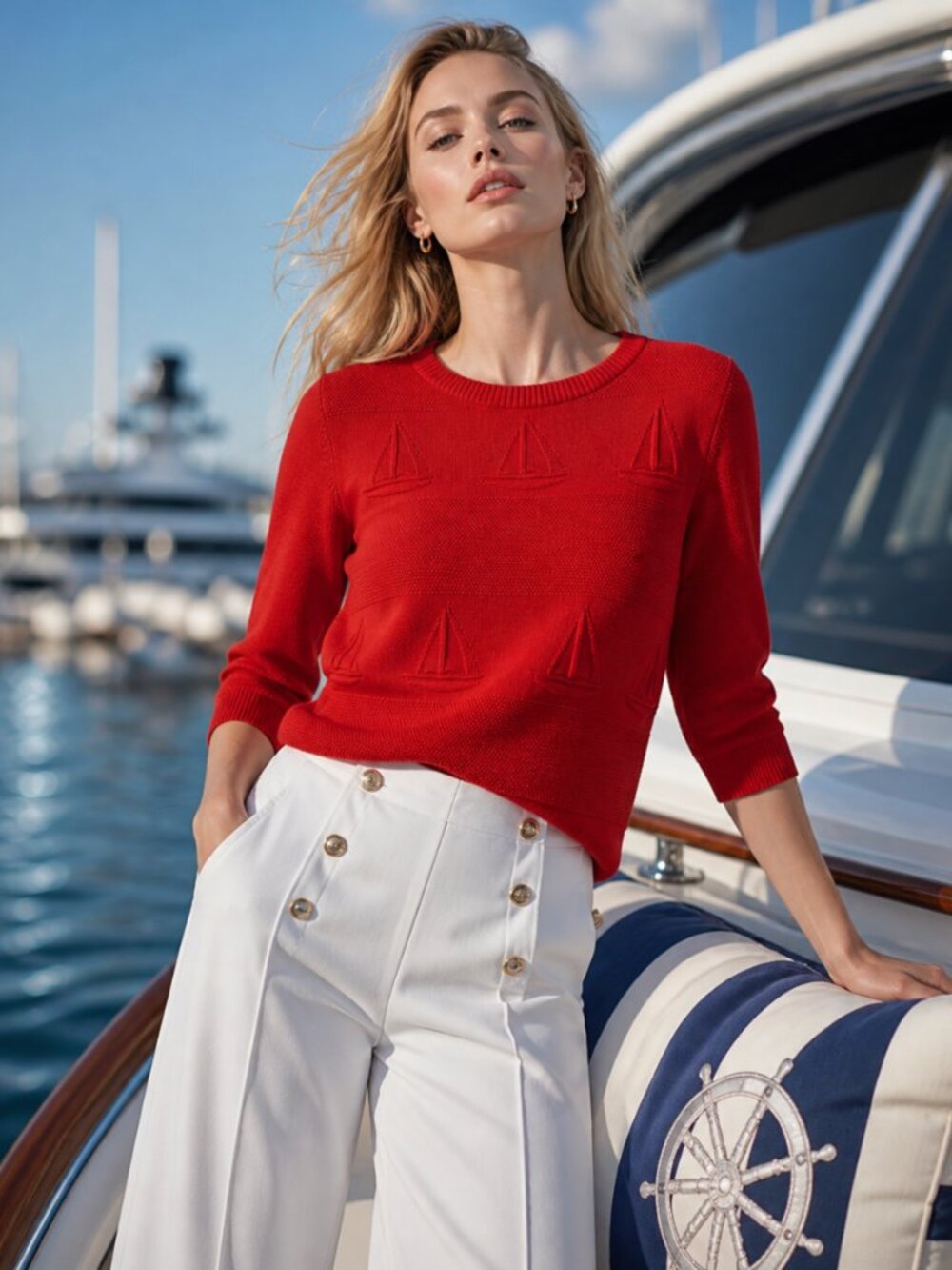 100% Cotton Red Nautical Sweater 3/4 Sleeve Sailboat Knit
